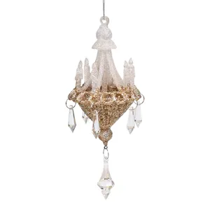 White and gold glitter chandelier Christmas tree ornament with crystal drop pendants