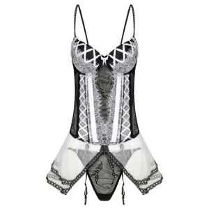 Lingerie Sexy pour Femmes en Dentelle de Cils Transparente Robe Fond de Robe Corset Et Culotte Avec Porte-jarretelles Noir Blanc