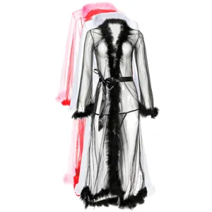 Damen Sexy Durchsichtiges Netz Langer Bademantel Lingerie Set Mit Kunstpelz Besatz Transparentes Nachthemd Mit Gürtel Und String