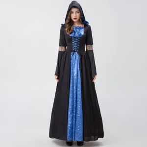 Detailed view of the Halloween witch costume featuring a hooded black dress with blue star pattern.