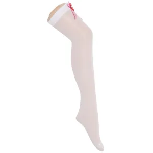 Sexy white thigh high stockings for women over knee hosiery with pink bow and red cross charm.