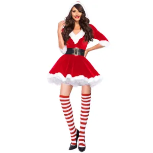 Sexy women Christmas costume detail view showing plush trim, belt, and striped stockings.