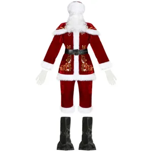 Men's Santa Claus costume set with hat beard coat pants belt gloves and boot covers for Christmas party