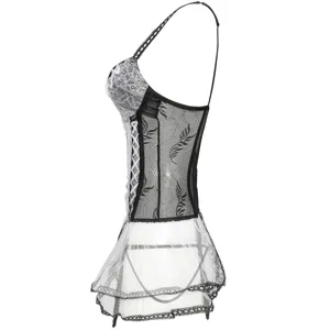 Vue détaillée de la lingerie corset en dentelle noire et blanche avec tulle transparent.