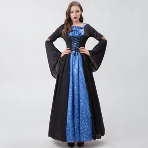 Detailed view of the gothic witch costume featuring star pattern, corset bodice and sleeves.