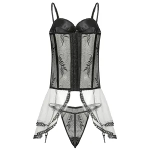 Ensemble bustier porte-jarretelles en dentelle noire sexy avec jupe en tulle transparent.