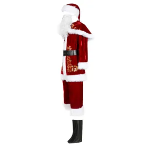 Detailed view of the red velvet Santa Claus costume set with white faux fur trim and gold print.