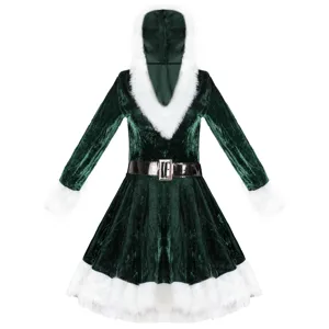 Green velvet Christmas costume detail showcasing white plush trim and stylish black belt.