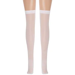 White sheer thigh high stockings for women, elegant over knee silk socks for daily wear.