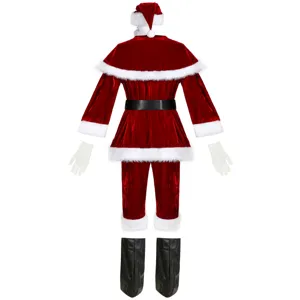 Detailed view of red velvet mens santa claus costume set with white plush trim and accessories.