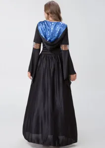 Black witch costume featuring a blue star-printed hood lining and elegant lace sleeve details.