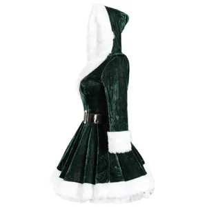 Green velvet Christmas costume dress with white faux fur trim and belt. Detail view.