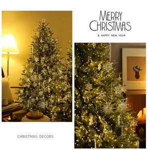 Detailed view of large Christmas tree decorated with crystal snowflake ornaments