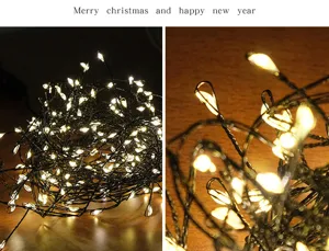 Detailed macro shot of warm white LED string fairy lights for Christmas tree decoration