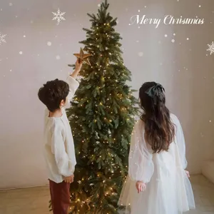 Large Nordic artificial Christmas tree with warm LED lights and kids decorating at home