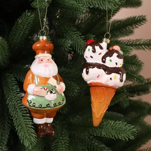 Festive Santa Claus chef and chocolate ice cream cone Christmas tree hanging ornaments.
