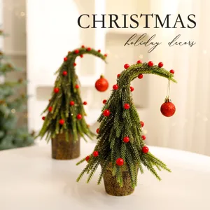 Creative Bent Top Christmas Tree Potted Desktop Ornament Green Plastic Whimsical Tree With Red Berries And Glitter Ball For Holiday Home Office Table Decoration