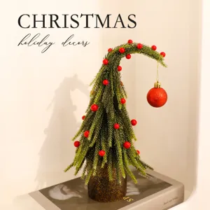 Mini curved Christmas tree potted ornament with red berries and glitter ball decor