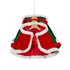 Capa de Navidad con Capucha para Mujer Traje de Fiesta Festiva Top Terciopelo Piel de Conejo Sintética Borde Rojo Verde Capa de Vacaciones