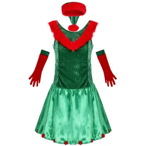 Weihnachtselbe Kostüm Set für Damen inklusive Kleid, Mütze und Handschuhe für Festparty.