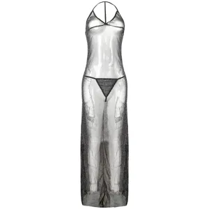 Grote maat zilverdraad doorzichtige mesh halter lange jurk sexy lingerie nachtkleding