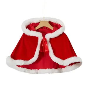 Capa de Navidad con capucha de terciopelo rojo con borde de peluche para fiesta disfraz