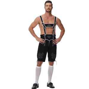 Detailed view of traditional German Oktoberfest men's costume with detailed embroidery and suspenders.