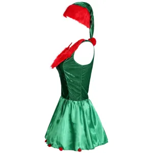Weihnachtselfen Kostüm Detail mit grünem Samtkleid und rotem Plüschrand für Feiern.
