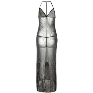 Vrouwen zilverdraad gaas transparant lang nachthemd sexy halter rugloos doorschijnende jurk