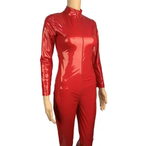 Combinaison en cuir PU rouge manches longues pantalon vinyle tenue sexy fête mode