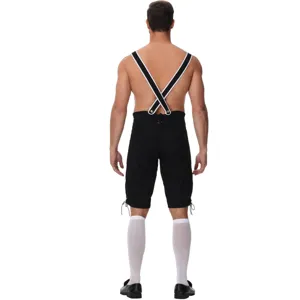Men German Oktoberfest costume detail view, black lederhosen with suspenders and white socks.
