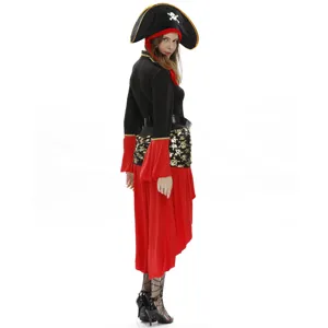 Detailed view of women's pirate costume with hat and dress for Halloween cosplay parties.