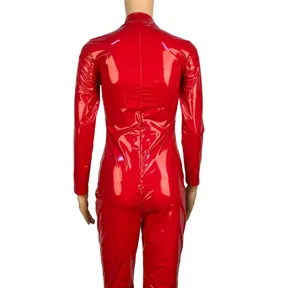 Combinaison en cuir verni rouge pour femmes sexy Halloween diable cosplay costume détails