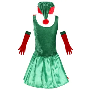 Detailansicht des Weihnachtselfen-Kostümsets mit grünem Samtkleid, Hut und roten Handschuhen.