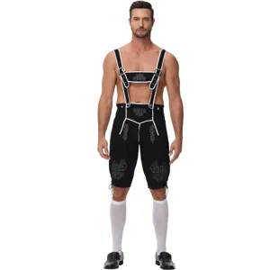 Detailed view of traditional German Oktoberfest costume shorts with white embroidery and suspenders.