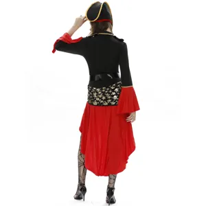 Detailed back view of a women's pirate costume featuring a black top, red skirt, and accessories.