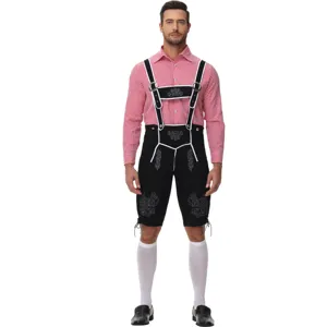 Traditional German Oktoberfest costume set for men, featuring checkered shirt and embroidered lederhosen.