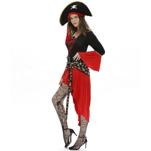 Detailed view of women's pirate costume set with captain hat and spiderweb stockings.