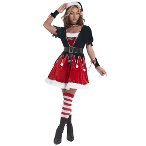 Costume de Noël pour femmes, robe de fête sexy détaillée avec chapeau et bas.
