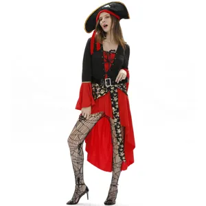 Women pirate costume set for Halloween party, includes hat, dress, belt and fishnets.