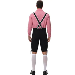 Men Oktoberfest Costume Red Checkered Shirt Black Lederhosen German Beer Festival Outfit