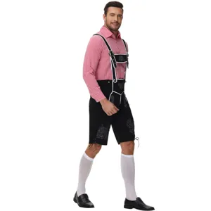Men's Oktoberfest German costume set with lederhosen and red plaid shirt for cosplay events.