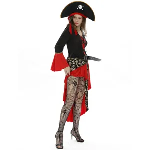 Detail view of the Halloween pirate queen costume featuring fishnet stockings and accessories.