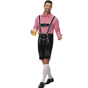 Men's Oktoberfest costume set featuring checkered shirt and embroidered lederhosen.