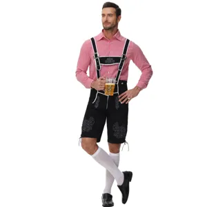 Men Oktoberfest costume set with checkered shirt and embroidered suspender shorts for party.