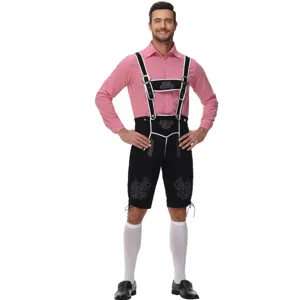 Traditional men Oktoberfest Bavarian costume red checkered shirt with black suspender shorts.
