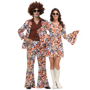 Disfraz de pareja disco retro de los 70 estampado psicodélico para fiesta de Halloween.