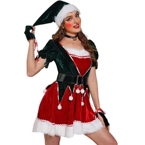 Costume de lutin de Noël sexy pour femme, belle robe de fête en velours rouge et vert.