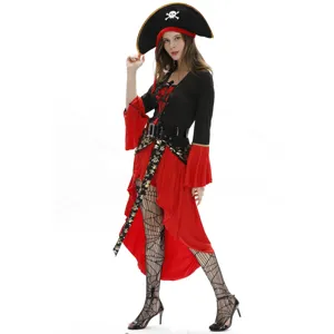 Halloween pirate costume women sexy Caribbean queen cosplay outfit with hat dress stockings
