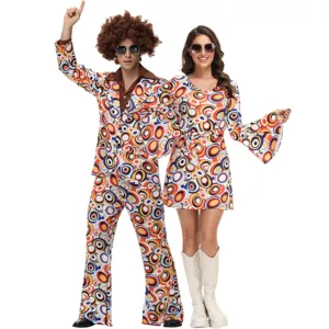 Conjunto de Disfraz de Actuación Disco Vintage de los 80 con Estampado Geométrico Manga Acampanada Retro Atuendos para Halloween Pareja Fiesta Vestido Mujer